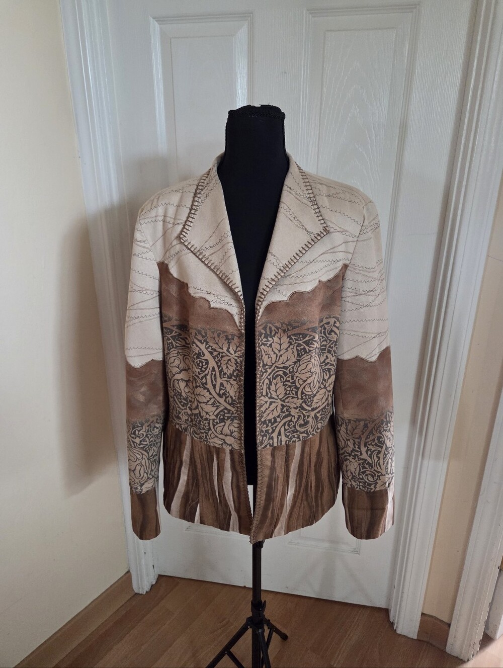 Coldwater Creek Patchwork Vegan Suede  Jacket Brown Cream Tan Western Rodeo 14